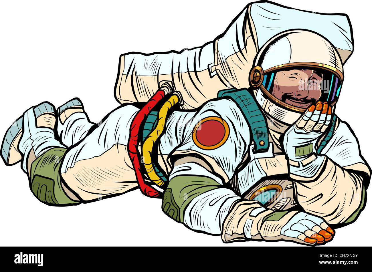 The joyful astronaut is lying down. Relaxed funny pose. Peace and relaxation Stock Vector