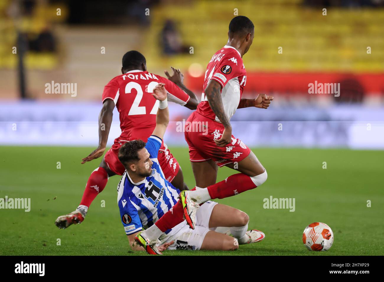 Monaco, 25th November 2021. Adnan Januzaj of Real Sociedad clashes with Youssouf Fofana and Jean Lucas of AS Monaco during the UEFA Europa League match at Stade Louis II, Monaco. Picture credit should read: Jonathan Moscrop / Sportimage Credit: Sportimage/Alamy Live News Stock Photo