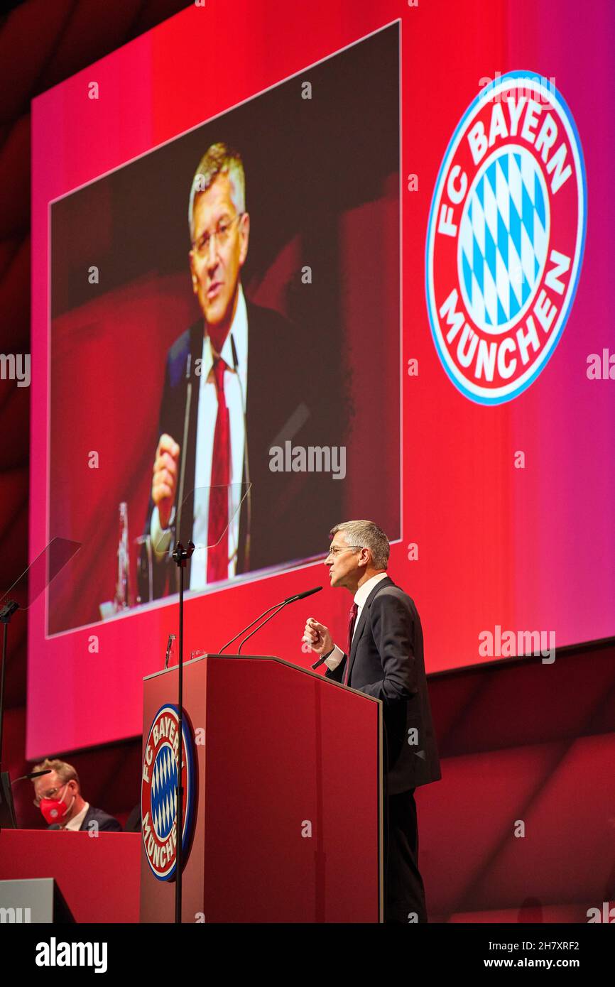 Herbert HAINER, FCB president  speaks at the annual general Meeting , FC BAYERN MUNICH in Audi Dome Munich, November 25, 2021,  Season 2021/2022,  Photographer: Peter Schatz Stock Photo