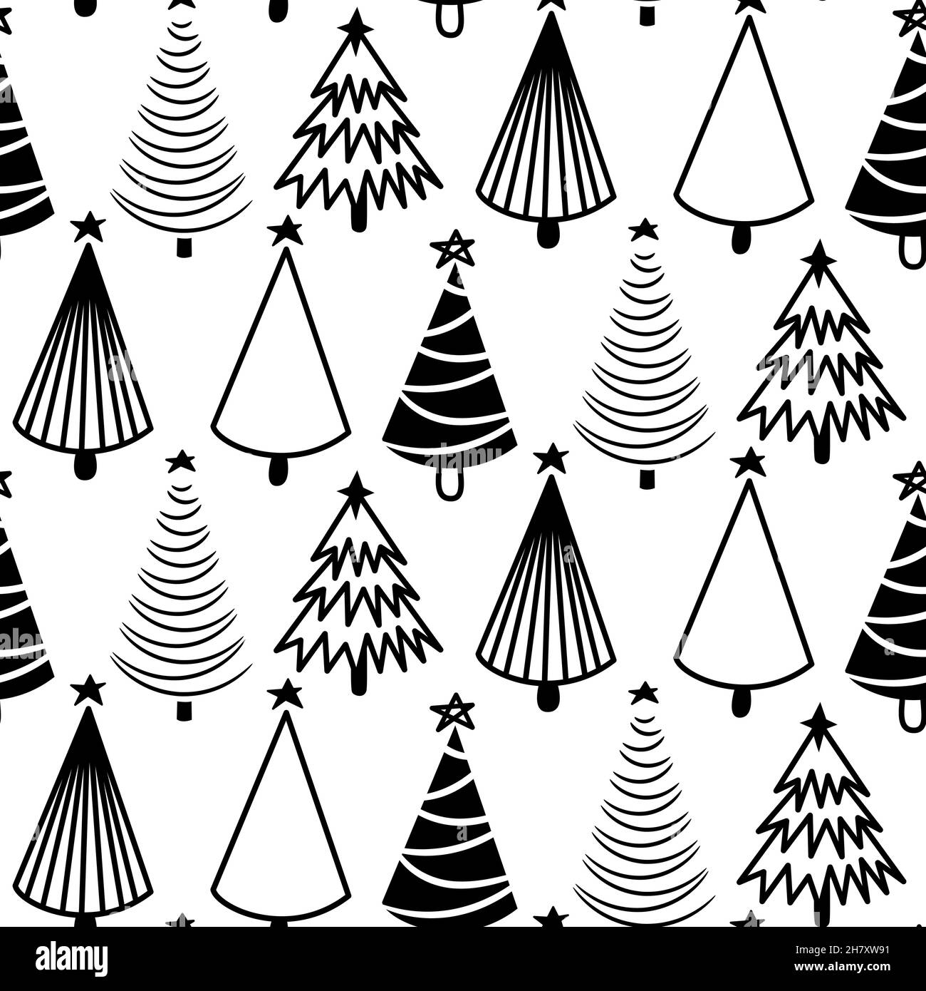 Christmas trees hand drawn and line icon seamless pattern design for ...