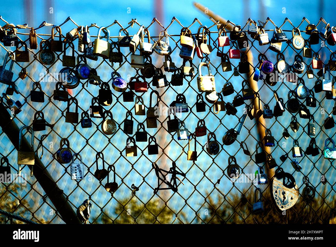 Romance Locks on a fence near the Golden Gate Bridge Stock Photo