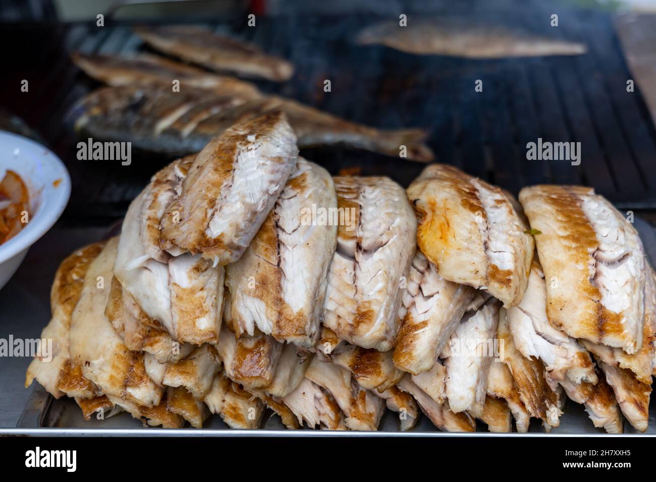 Grilled fish in Istanbul. Grilled mackerel for the popular street food