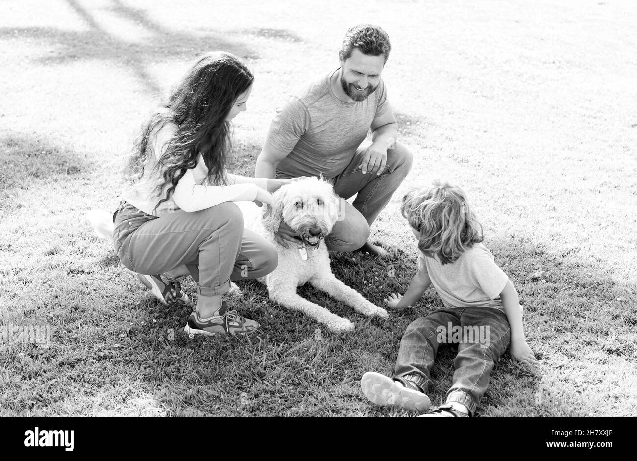 friendly family with pet. happy parents with kid boy play with dog. Stock Photo