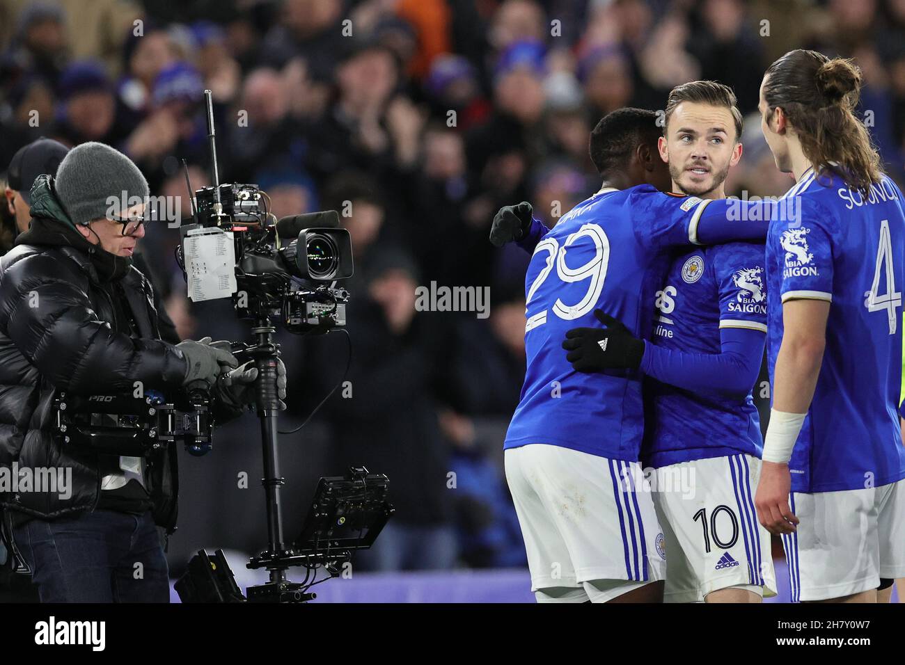 LEICESTER, UK. NOVEMBER 25.James Maddison of Leicester City celebrates with teammates after scoring their sides second goal to make it 2-0 during the UEFA Europa League group C match between Leicester City and Legia Warszawa at the King Power Stadium, Leicester on Thursday 25th November 2021. (Credit: James Holyoak/MB Media) Stock Photo