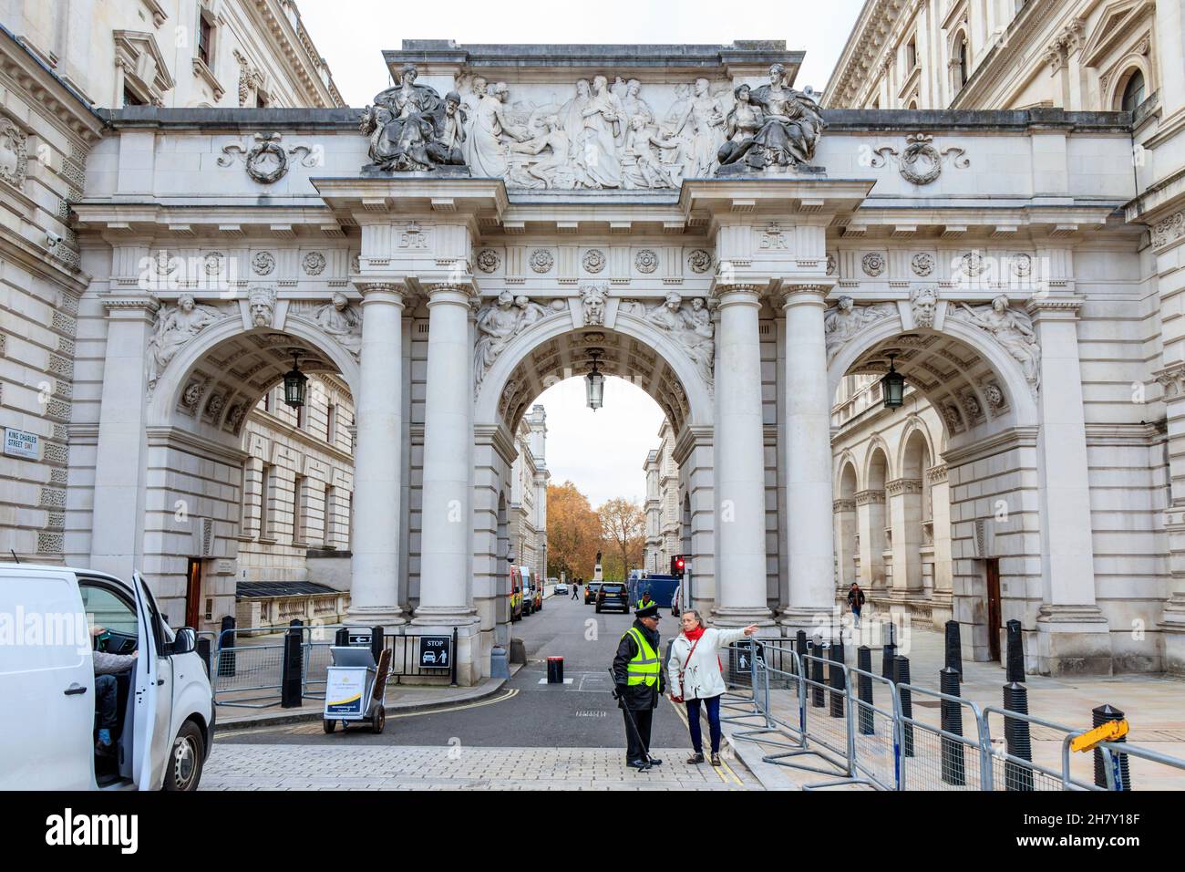 Ornate arches leading to the Foreign and Commonwealth Office in King Charles Street from Whitehall, London, UK Stock Photo
