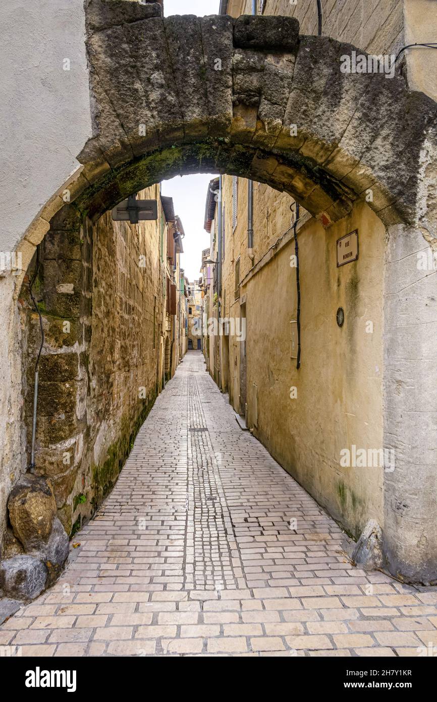 Pedestrian alleyway in the medieval city of Sommières in the south of France Stock Photo