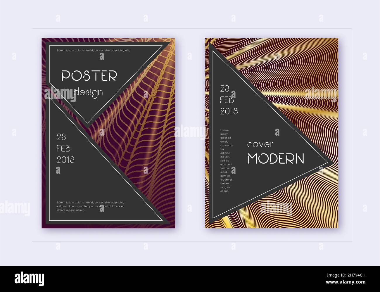 Black cover design template set. Gold abstract lines on maroon