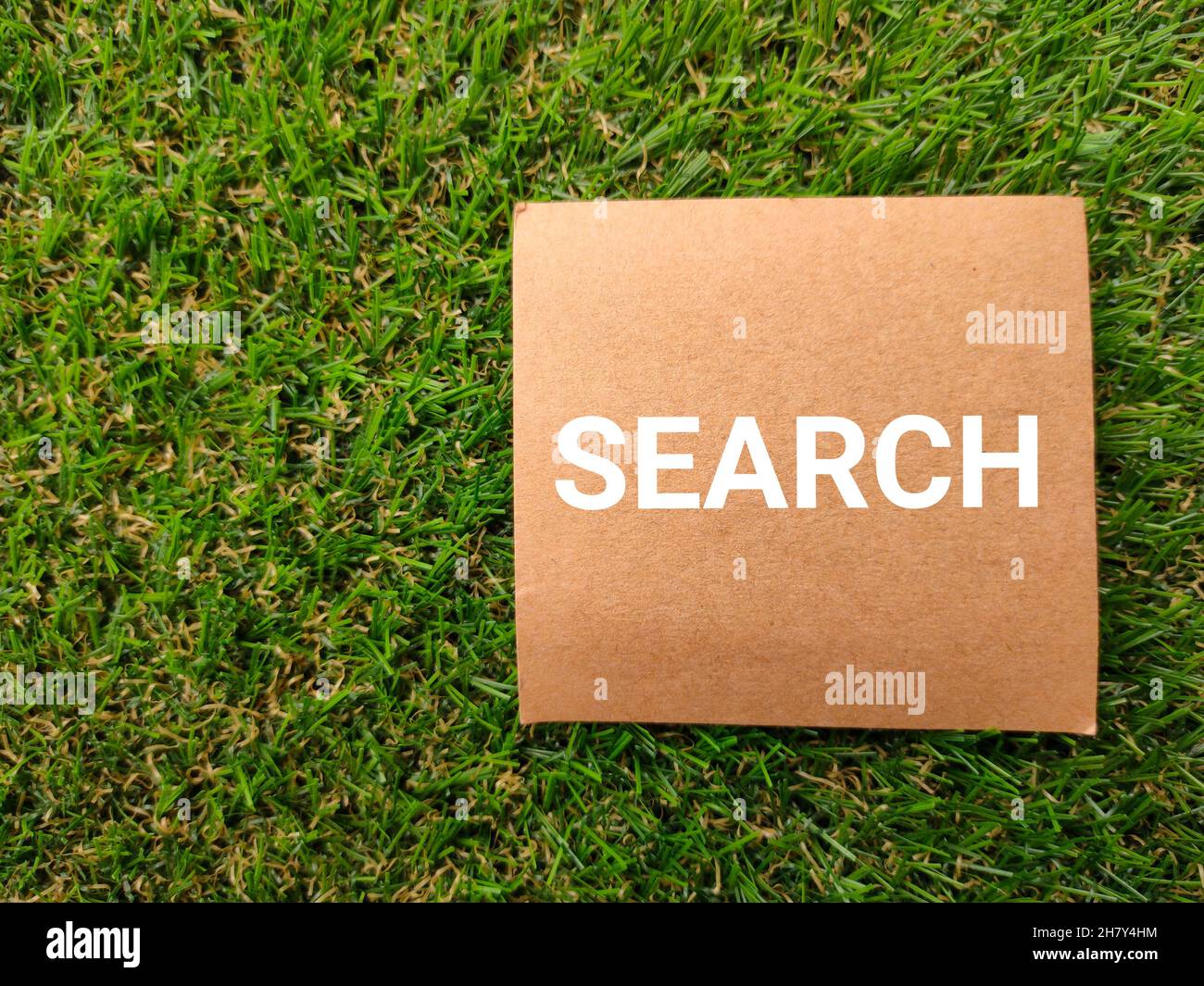 Brown card written with text SEARCH on a green grass background. Stock Photo