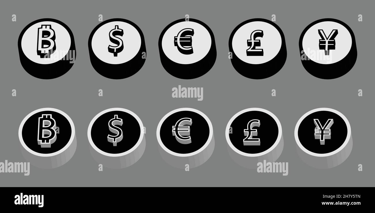 Coins tokens 3D bitcoin, dollar, euro, pound, yen, yuan black white Stock Vector