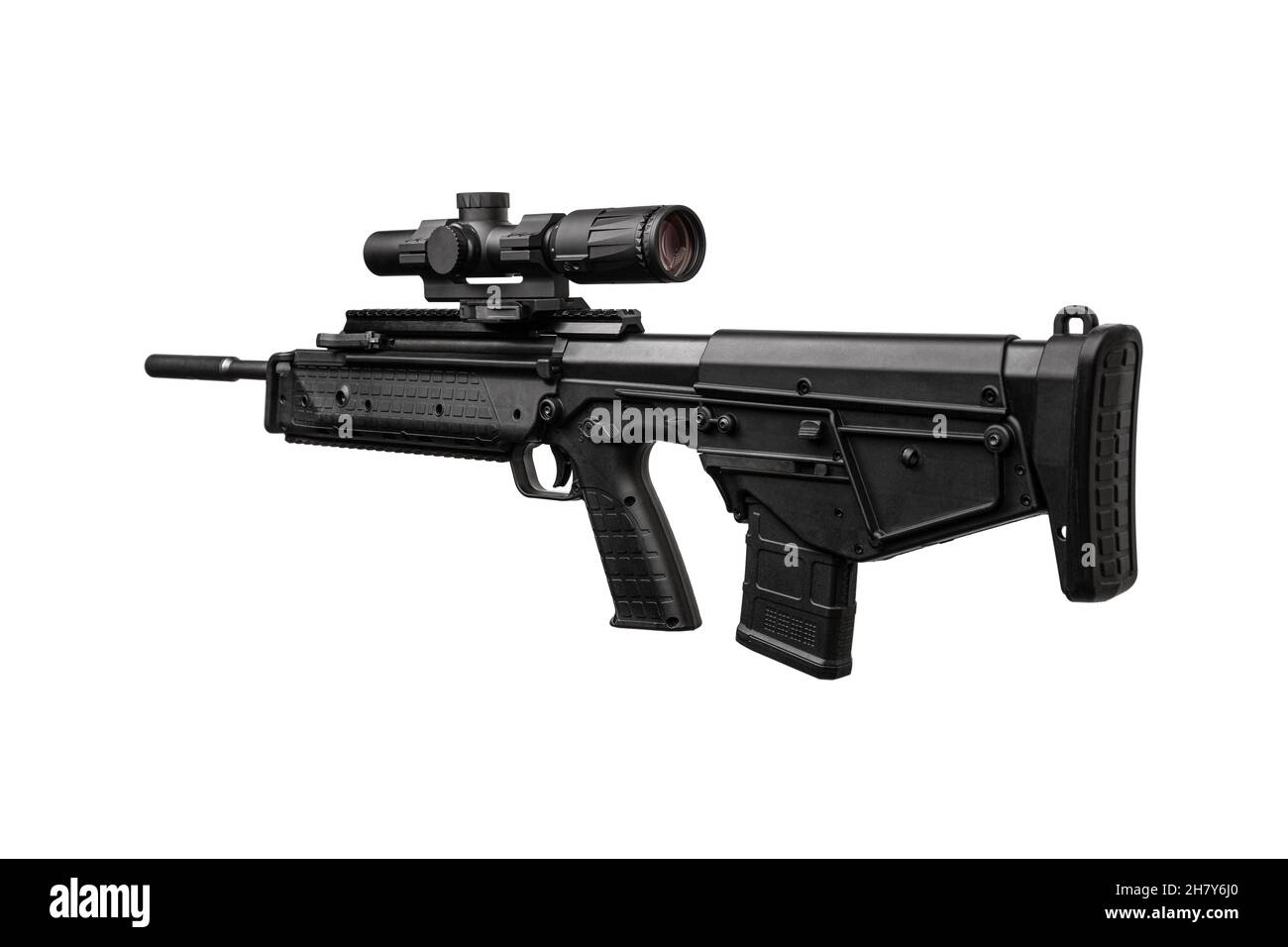 A modern automatic bullpup carbine with a telescopic sight. Weapons for defense and attack. Arming the police, special units and the army. Isolate on Stock Photo