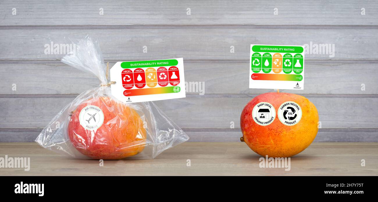 sustainability rating labels on mangoes compared air freight and local organic shop, sustainable food and carbon footprint concept Stock Photo