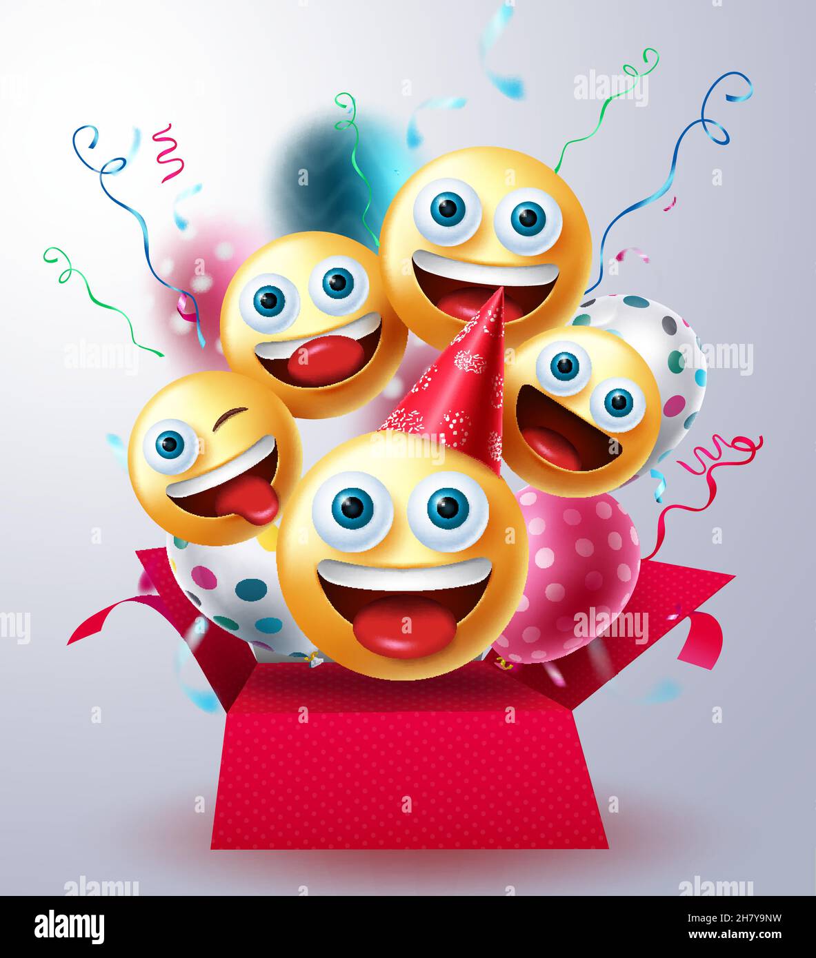 Smileys birthday surprise vector design. Smiley emojis in gift box with balloons and confetti celebration elements for birth day party emoticon. Stock Vector