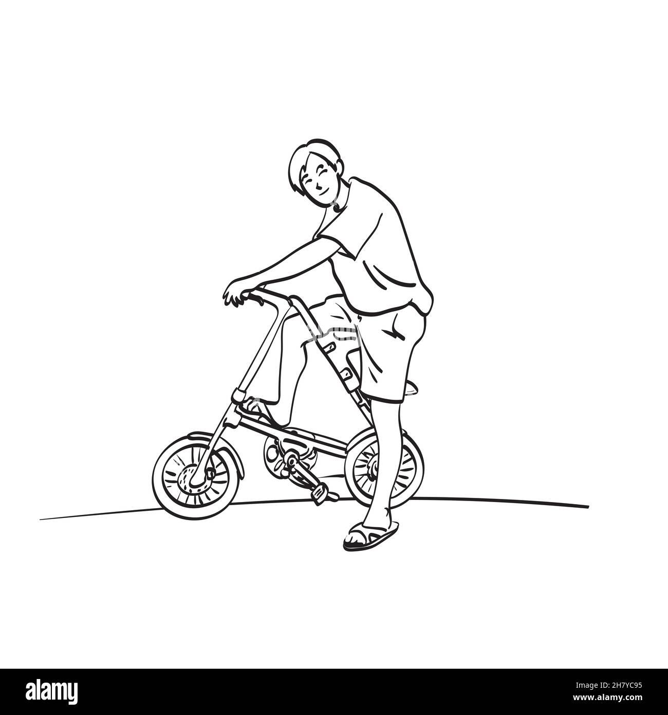 man riding modern bicycle illustration vector isolated on white background line art. Stock Vector
