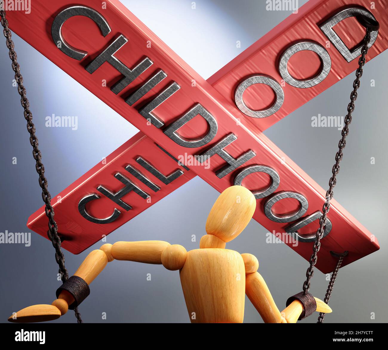 Childhood control, power, authority and manipulation symbolized by control bar with word Childhood pulling the strings (chains) of a wooden puppet, 3d Stock Photo