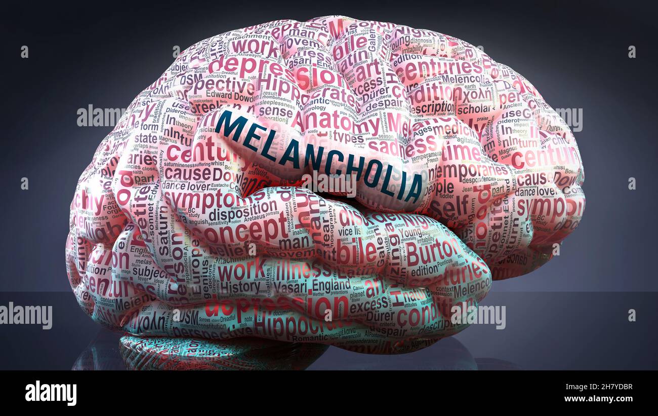 Melancholia in human brain, hundreds of crucial terms related to Melancholia projected onto a cortex to show broad extent of the condition and to expl Stock Photo