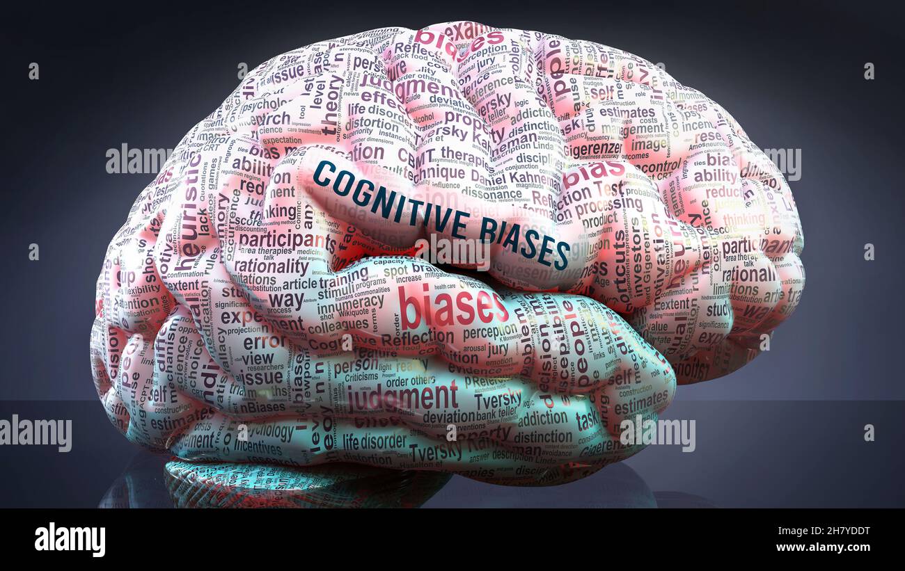 Cognitive biases in human brain, hundreds of terms related to Cognitive biases projected onto a cortex to show broad extent of this condition, 3d illu Stock Photo