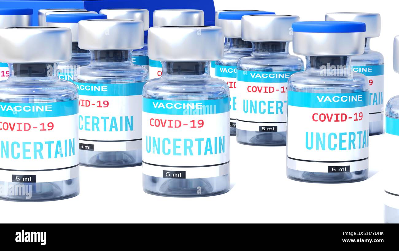 Covid uncertain - vaccine bottles with an English label Uncertain that symbolize a big human achievement that may end the fight with the coronavirus p Stock Photo