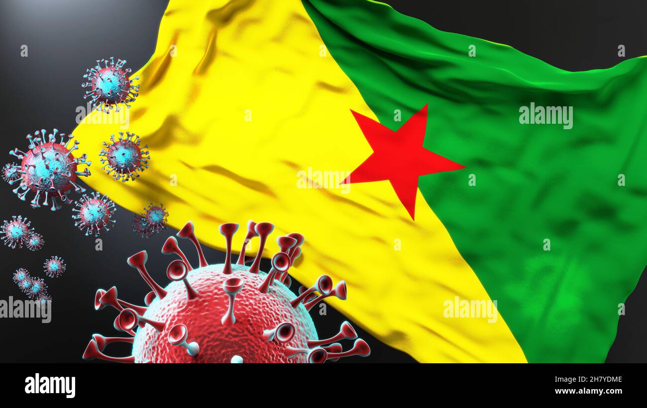 French Guiana and the covid pandemic - corona virus attacking national flag of French Guiana to symbolize the fight, struggle and the virus presence i Stock Photo