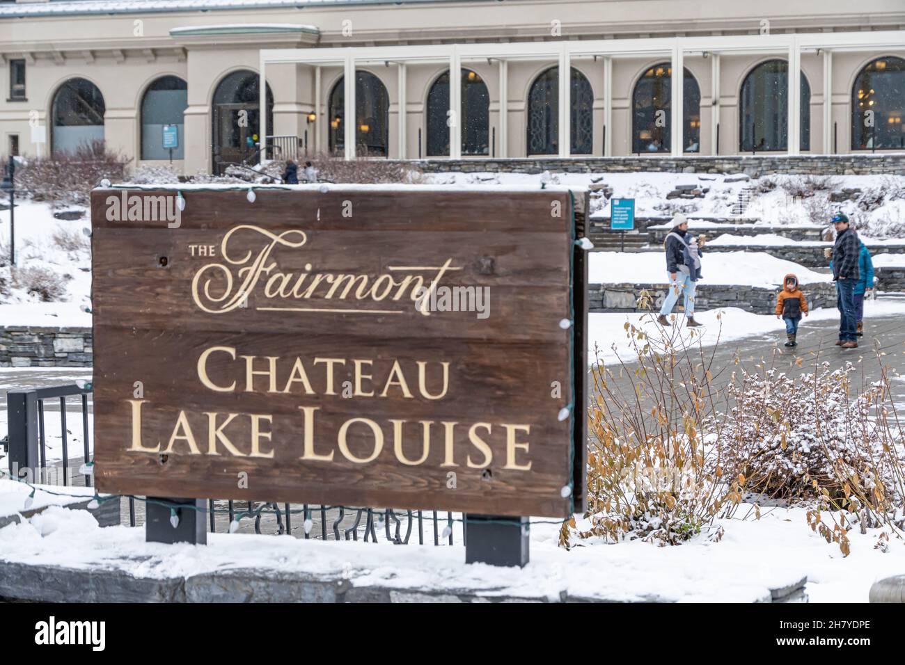 November 6 2021 Lake Louise Alberta Canada - Fairmont Chateau Lake Louise Hotel sign Stock Photo