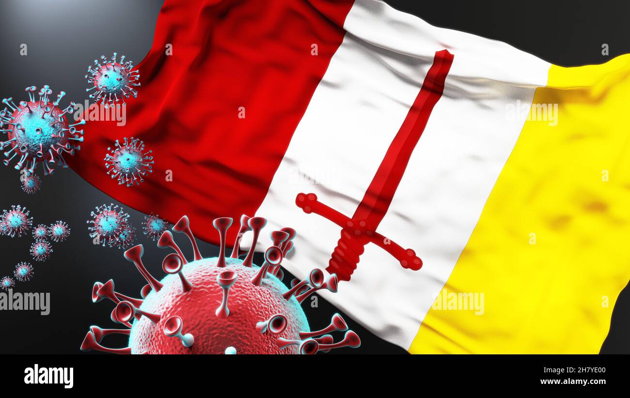 Aalst Oost Vlaanderen and covid pandemic - virus attacking a city flag of Aalst Oost Vlaanderen as a symbol of a fight and struggle with the virus pan Stock Photo
