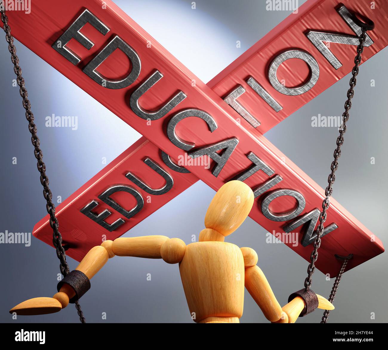 Education control, power, authority and manipulation symbolized by control bar with word Education pulling the strings (chains) of a wooden puppet, 3d Stock Photo