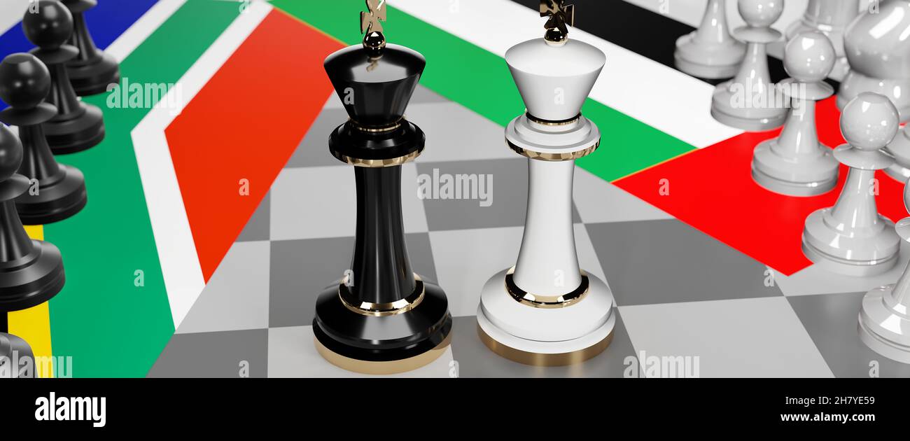 South Africa and United Arab Emirates - talks, debate or dialog between those two countries shown as two chess kings with national flags that symboliz Stock Photo