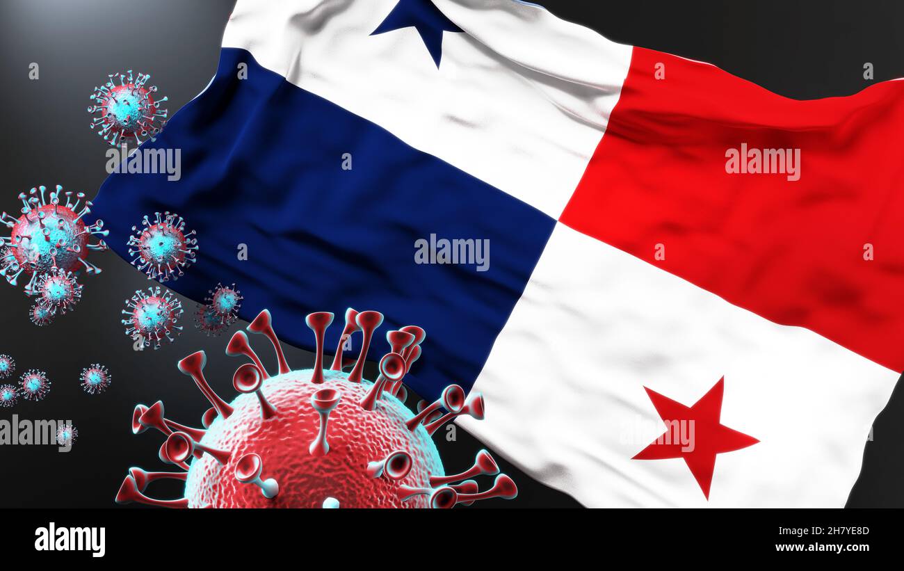 Panama and the covid pandemic - corona virus attacking national flag of Panama to symbolize the fight, struggle and the virus presence in this country Stock Photo