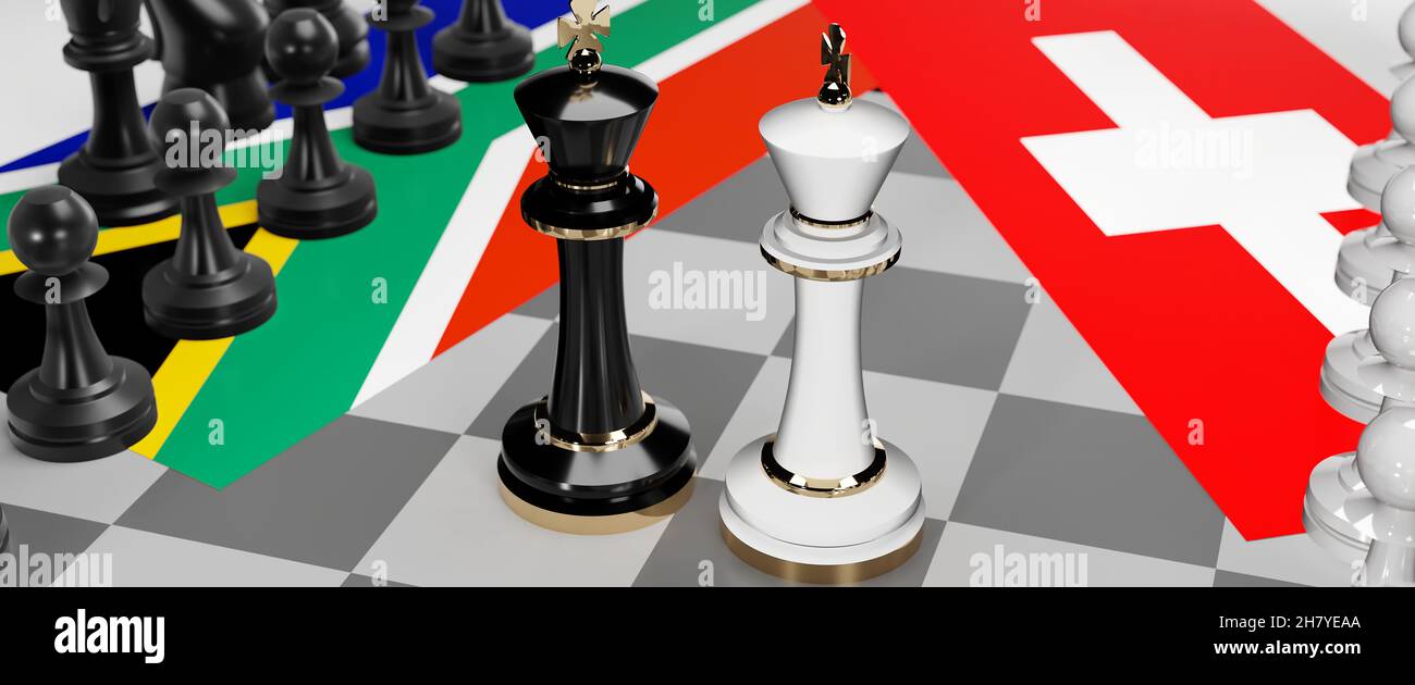 South Africa and Switzerland - talks, debate, dialog or a confrontation between those two countries shown as two chess kings with flags that symbolize Stock Photo