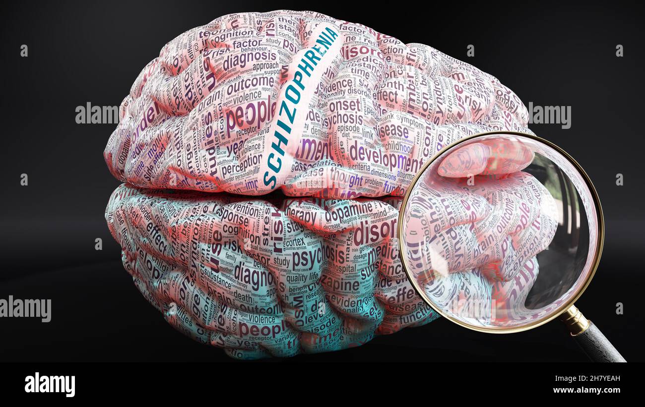 Schizophrenia in human brain, a concept showing hundreds of crucial words related to Schizophrenia projected onto a cortex to fully demonstrate broad Stock Photo