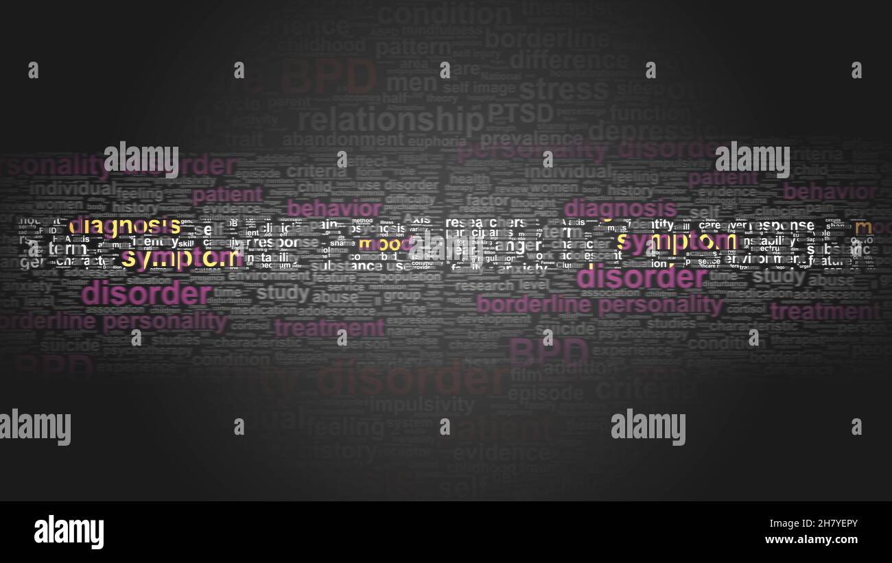Borderline personality disorder - essential terms related to it arranged in a 2-color word cloud poster. Reveals related primary and peripheral concep Stock Photo