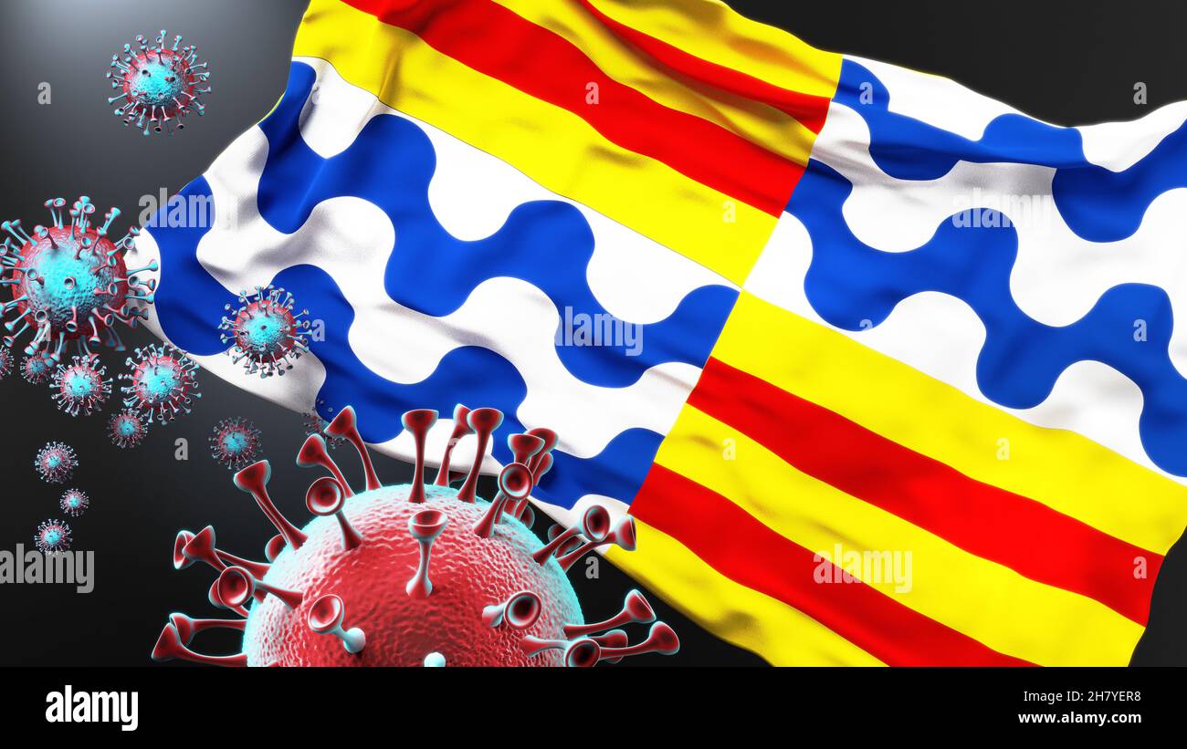 Badalona and covid pandemic - virus attacking a city flag of Badalona as a symbol of a fight and struggle with the virus pandemic in this city, 3d ill Stock Photo