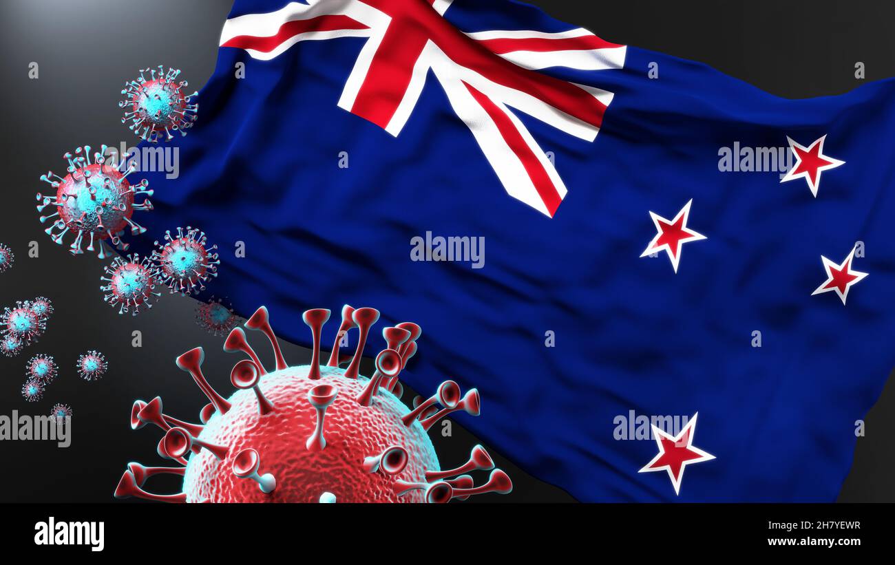 New Zealand and the covid pandemic - corona virus attacking national flag of New Zealand to symbolize the fight, struggle and the virus presence in th Stock Photo
