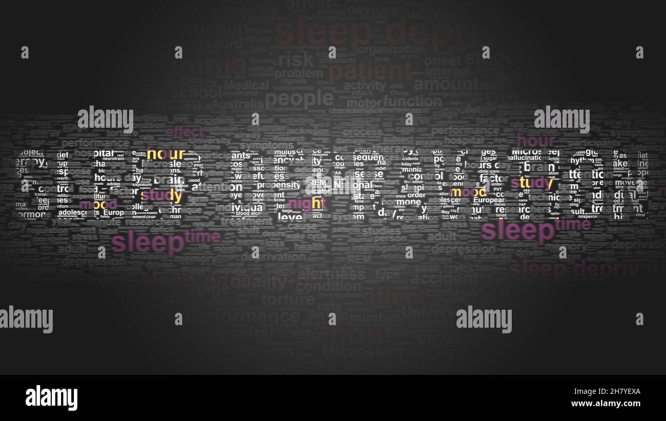Sleep depravation - essential terms related to it arranged in a 2-color word cloud poster. Reveals related primary and peripheral concepts, 3d illustr Stock Photo