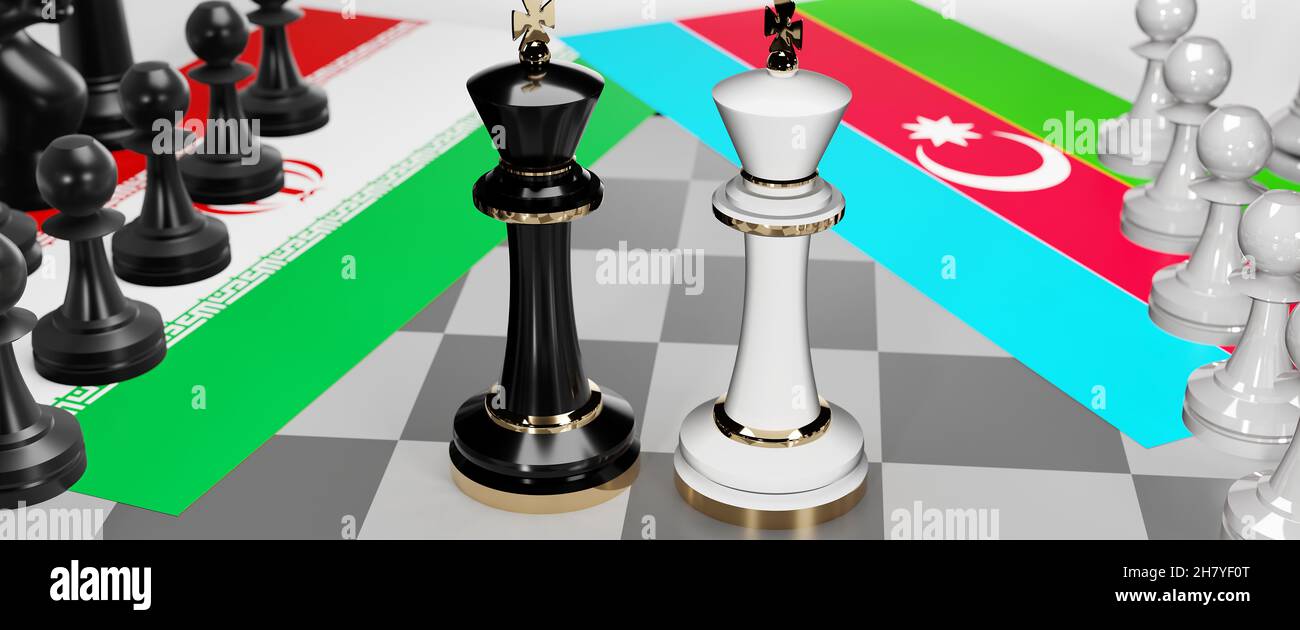 Iran and Azerbaijan - talks, debate, dialog or a confrontation between those two countries shown as two chess kings with flags that symbolize art of m Stock Photo