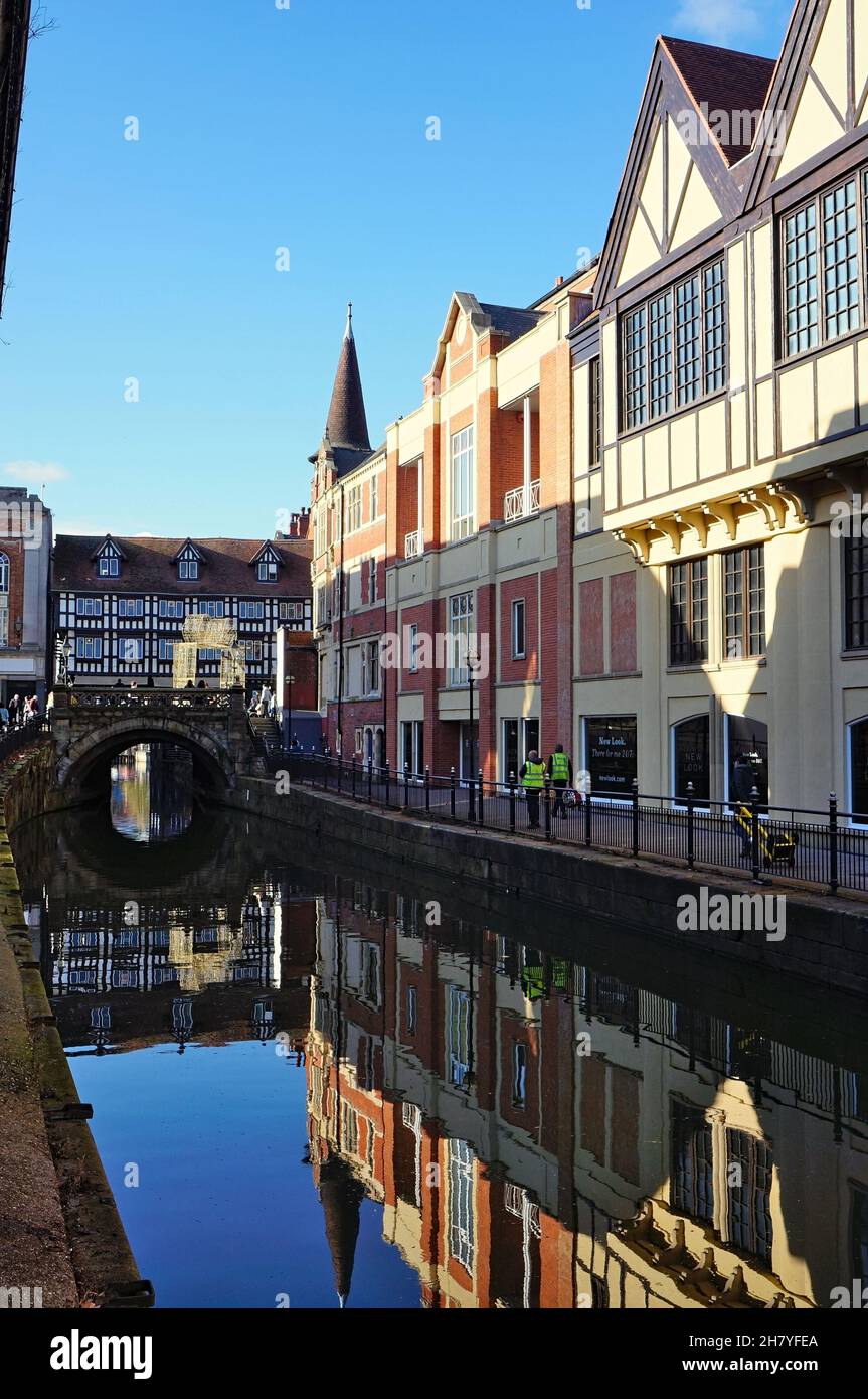 The river Witham with the medieval high bridge in Lincoln city center Stock Photo
