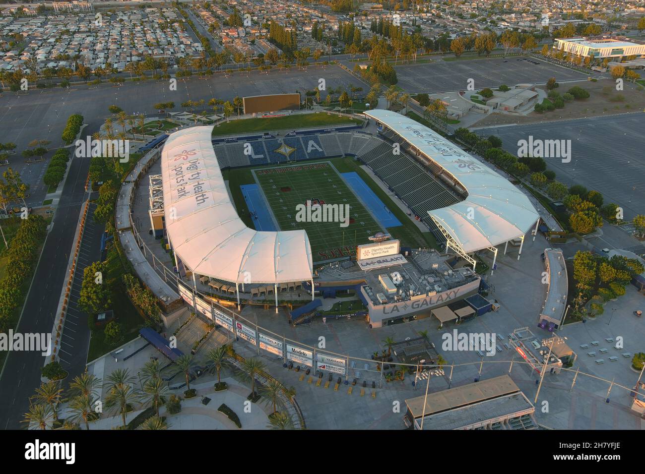 An aerial view of the San Diego State Aztecs and Mountain West Conference logos on the football field at Dignity Health Sports Park, Thursday, Nov. 25 Stock Photo