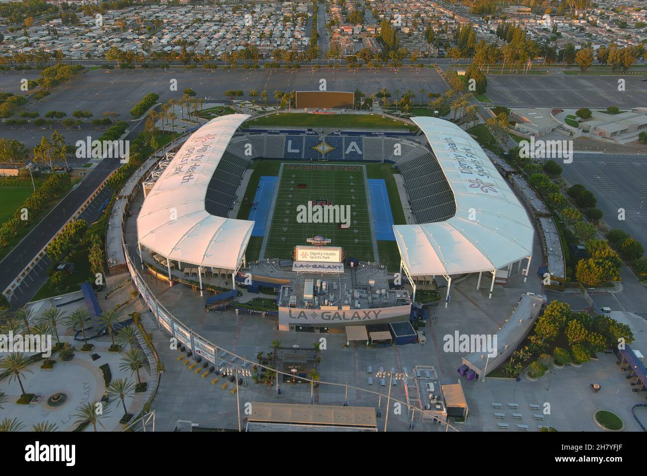 An aerial view of the San Diego State Aztecs and Mountain West Conference logos on the football field at Dignity Health Sports Park, Thursday, Nov. 25 Stock Photo
