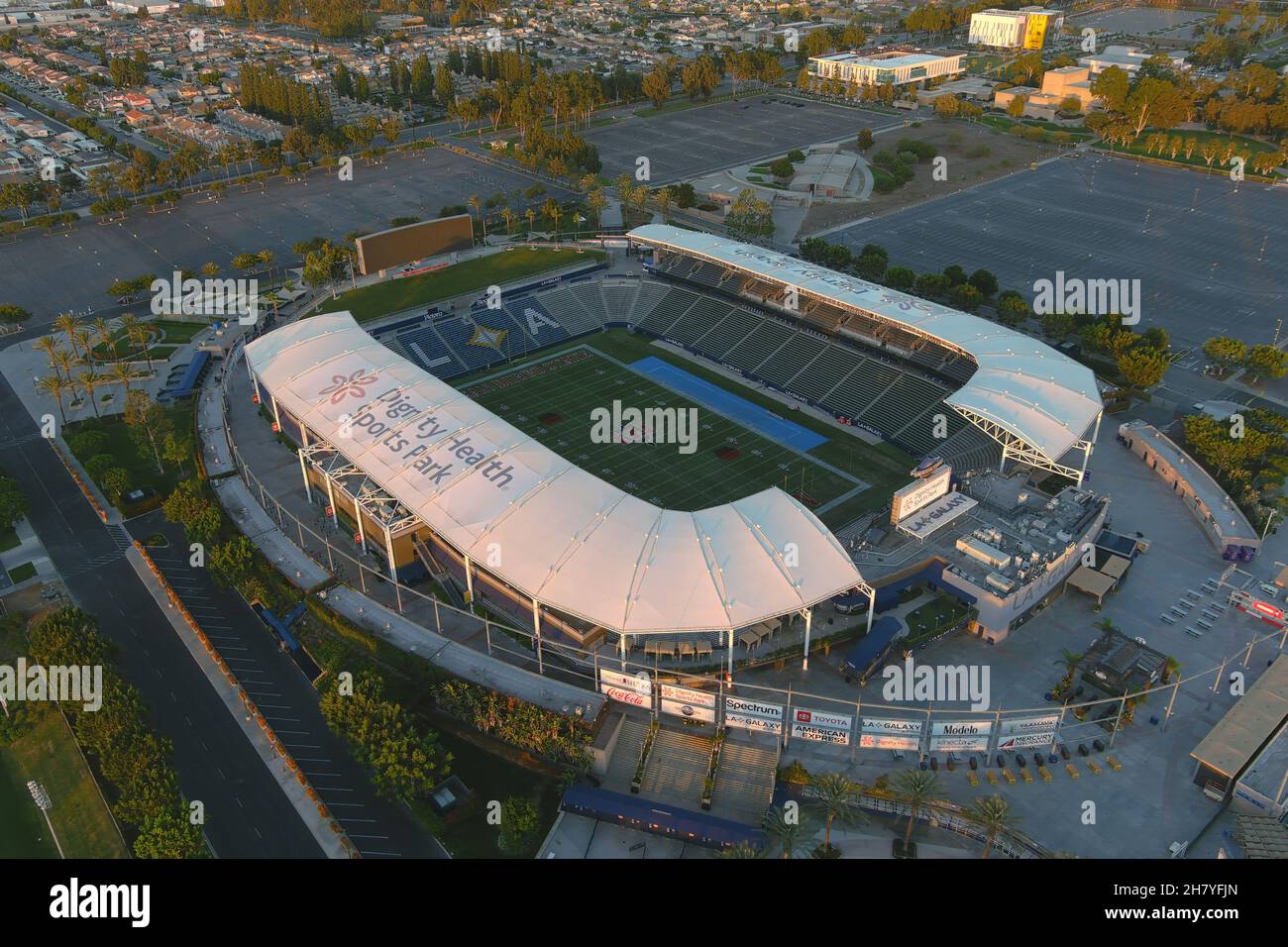 An aerial view of the San Diego State Aztecs and Mountain West Conference logos on the football field at Dignity Health Sports Park, Thursday, Nov. 25 Stock Photo