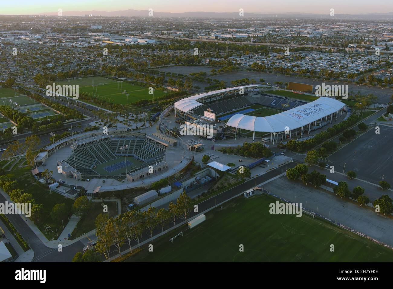 An aerial view of Dignity Health Sports Park soccer and tennis stadiums, Thursday, Nov. 25, 2021, in Carson, Calif. DSHP, formerly known as the StubHu Stock Photo