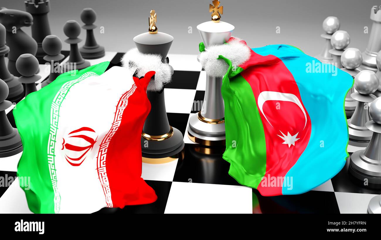 Iran Azerbaijan - meeting, debate and dialog between those two countries shown as two chess kings with national flags that symbolize subtle art of mee Stock Photo
