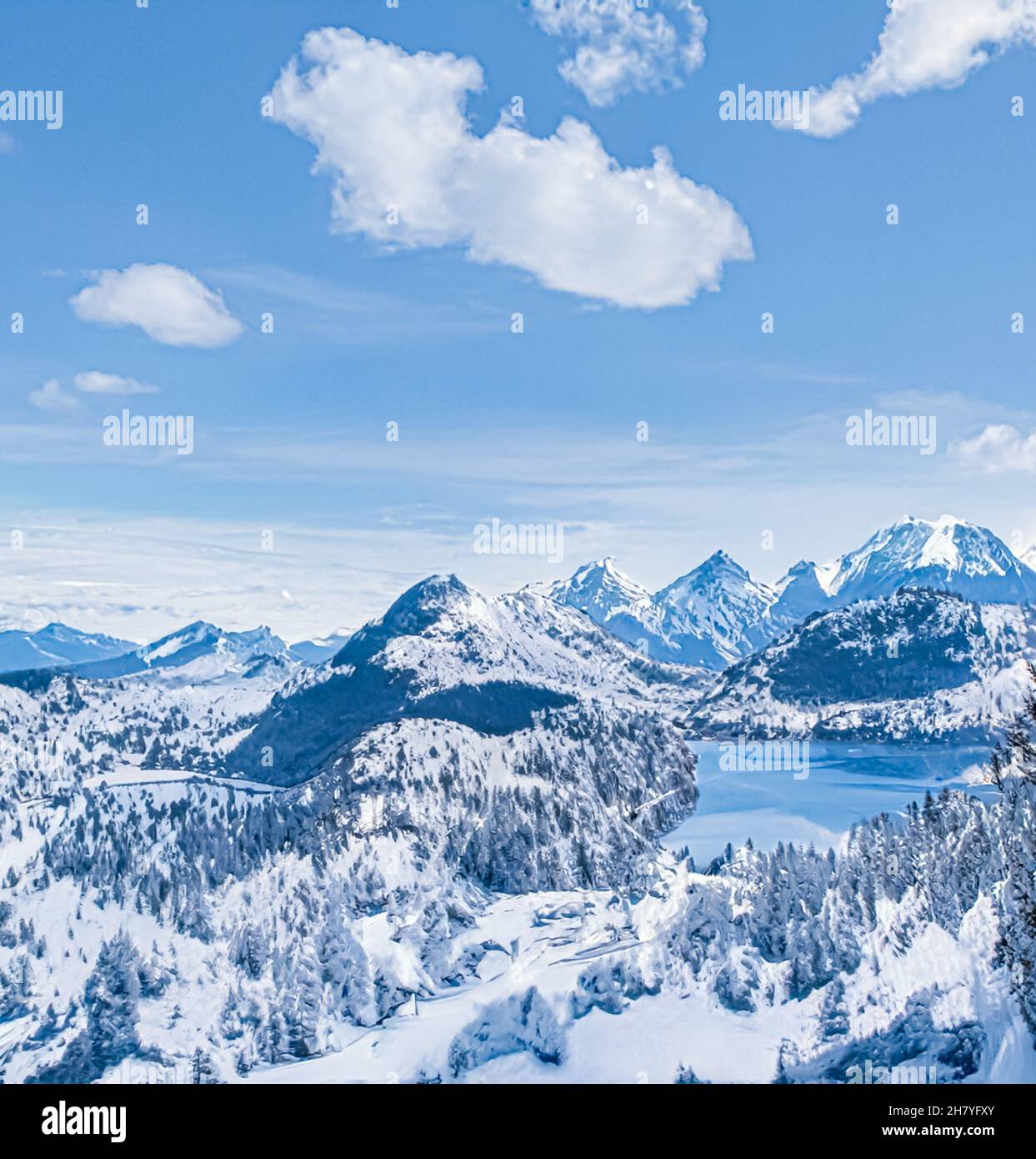 Winter wonderland and magical Christmas landscape. Snowy mountains and