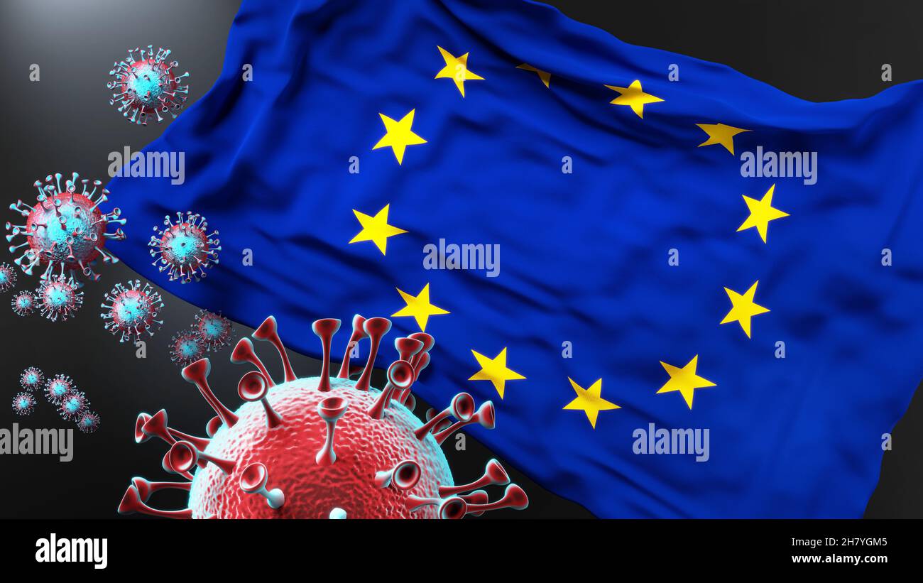 EU Europe and the covid pandemic - corona virus attacking national flag of EU Europe to symbolize the fight, struggle and the virus presence in this c Stock Photo