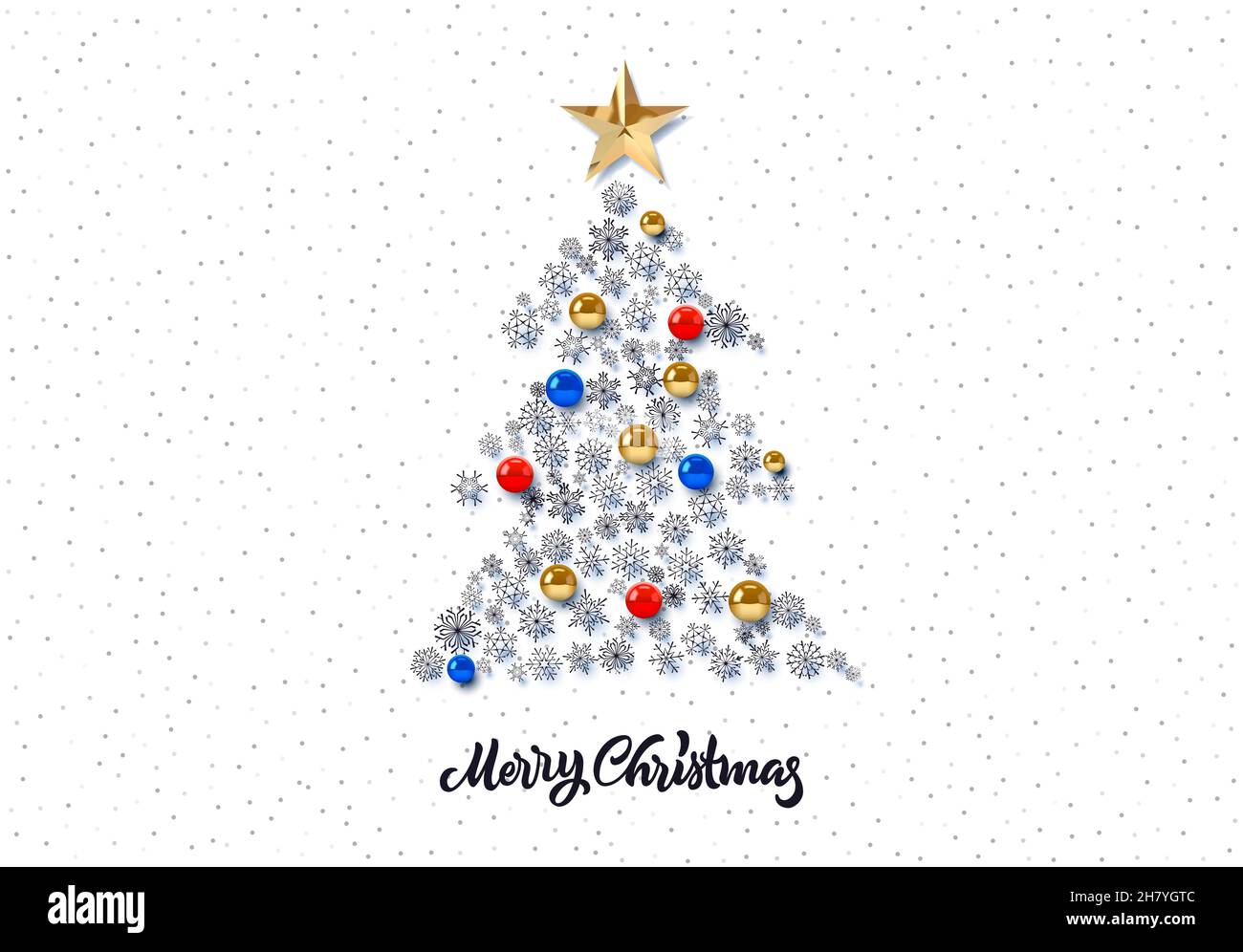 Christmas tree card with snowflakes and baubles. Christmas tree with ...