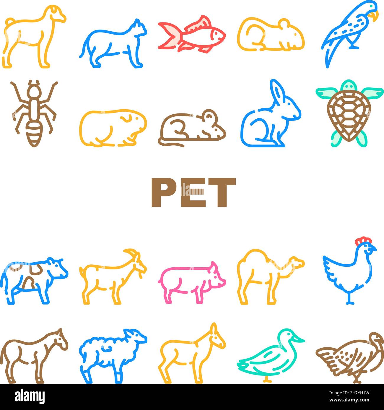 Pet Domestic, Farm And Sea Aqua Icons Set Vector Stock Vector