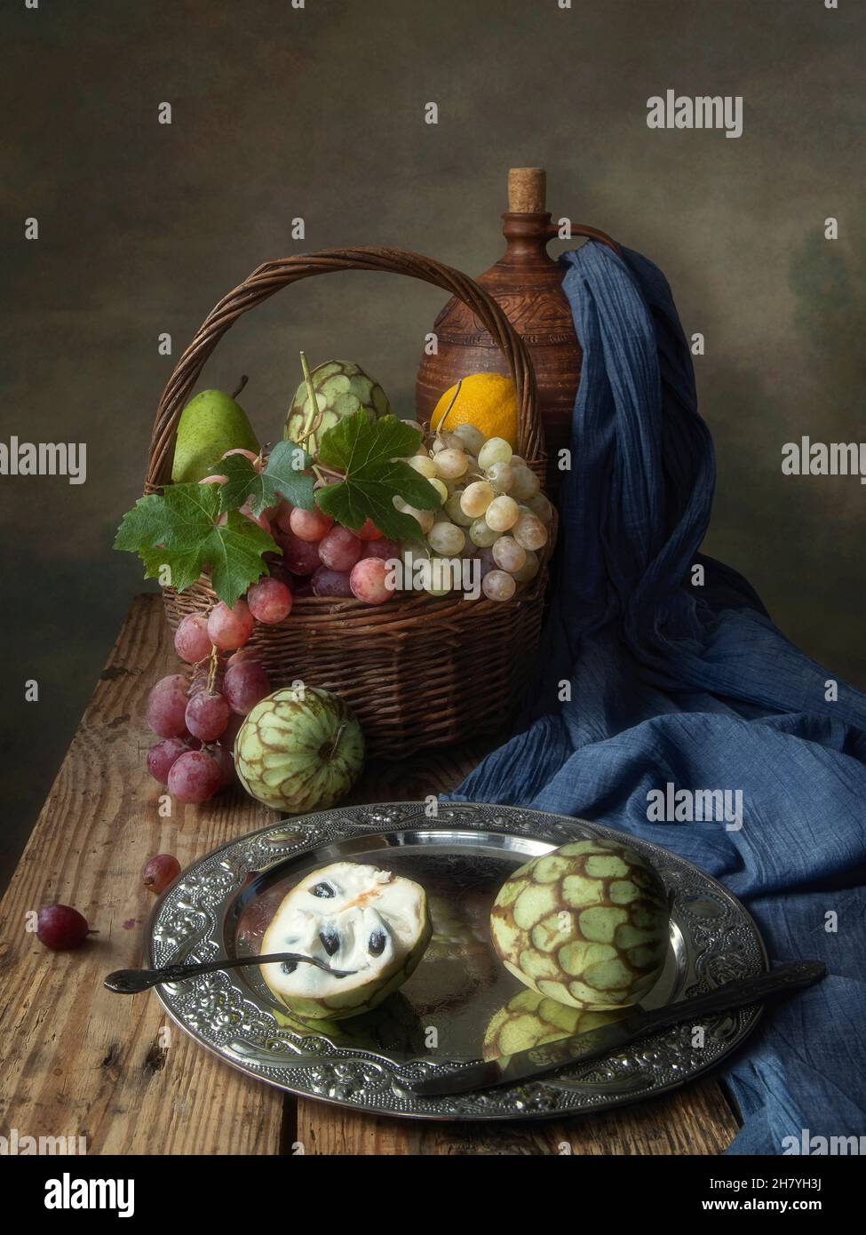 Still life with fruits and wine jug Stock Photo - Alamy