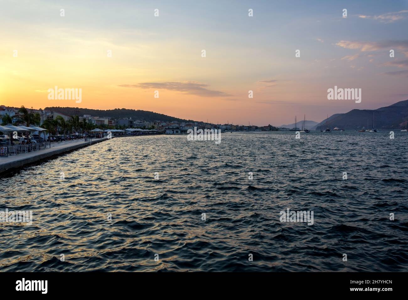A beautiful sunset with colors in Argostoli port, Kefalonia, Greece Stock Photo
