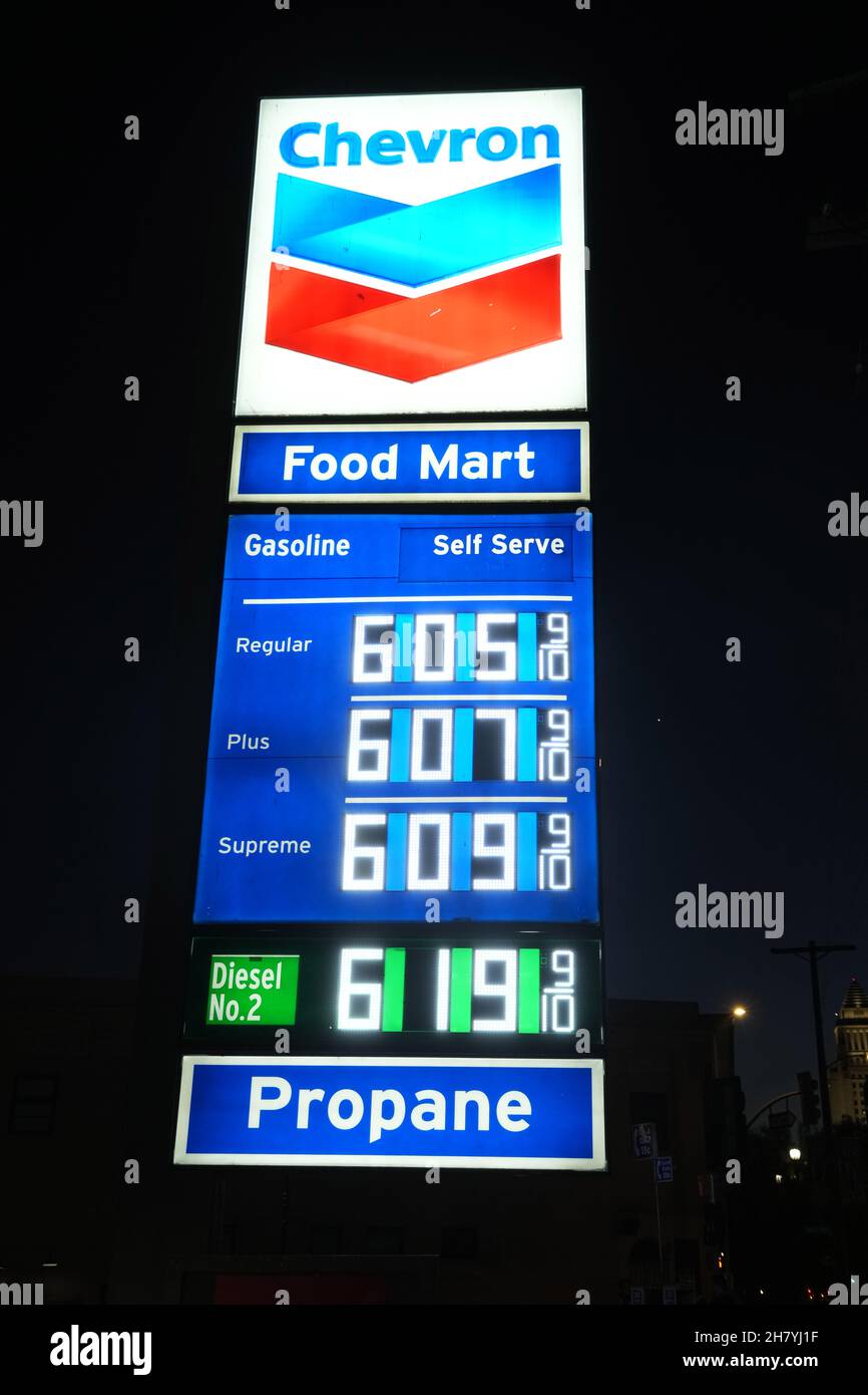 Gas prices are seen at a Chevron Food Mart gasoline station on
