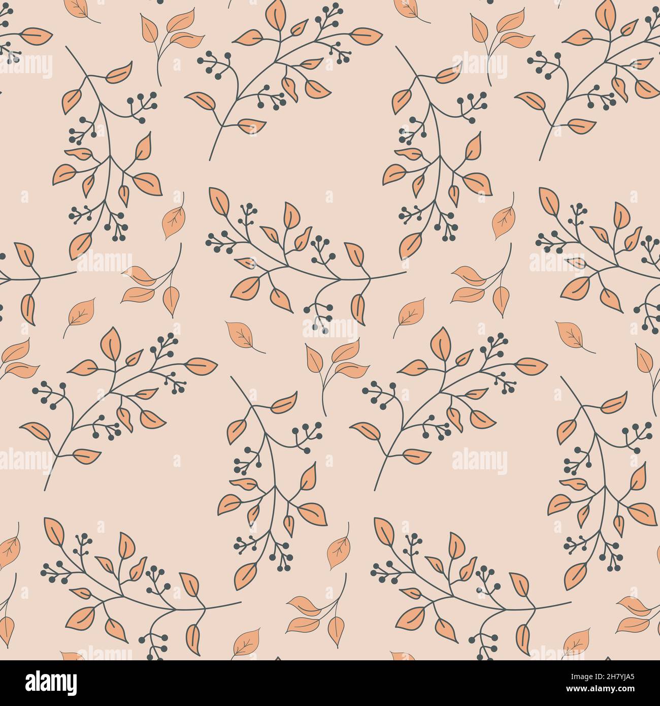 Seamless pattern gray twig with leaves and berries on a pink background ...