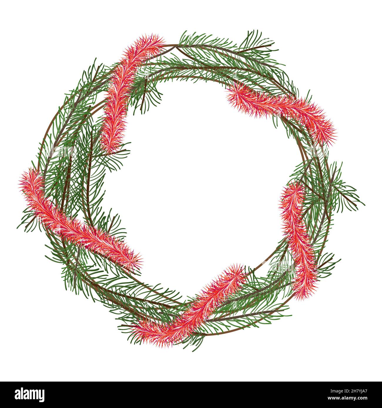 Christmas wreath of fir branches with bright red berries, simple flat ...
