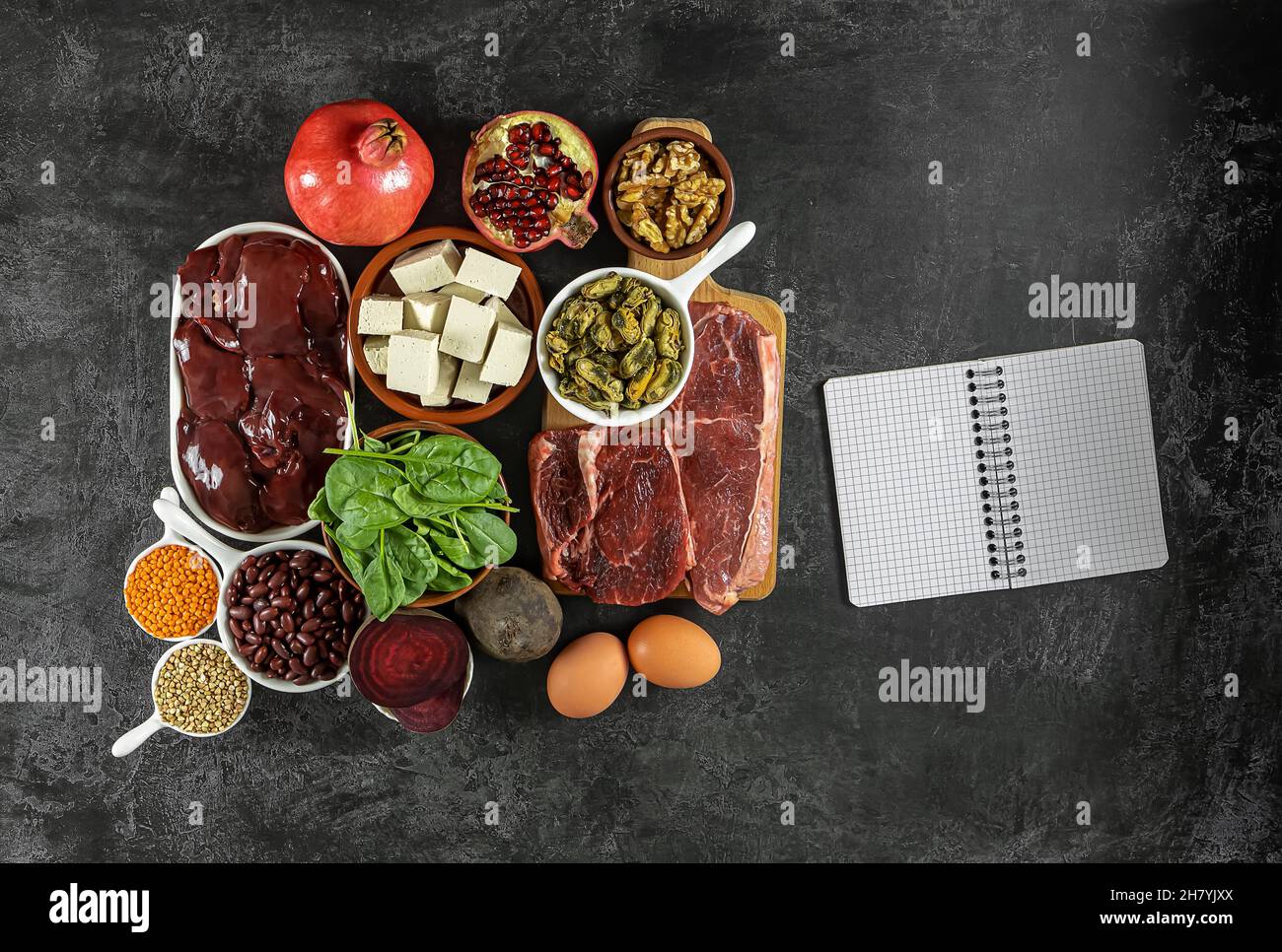 Foods high in Iron, including eggs, nuts, spinach, beans, tofu, liver